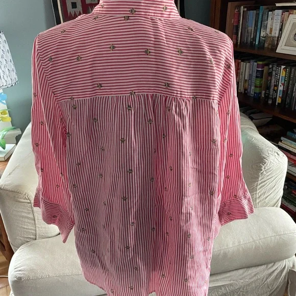 Chicos Red stripe linen blouse with bee print sz 14 - Picture 3 of 7